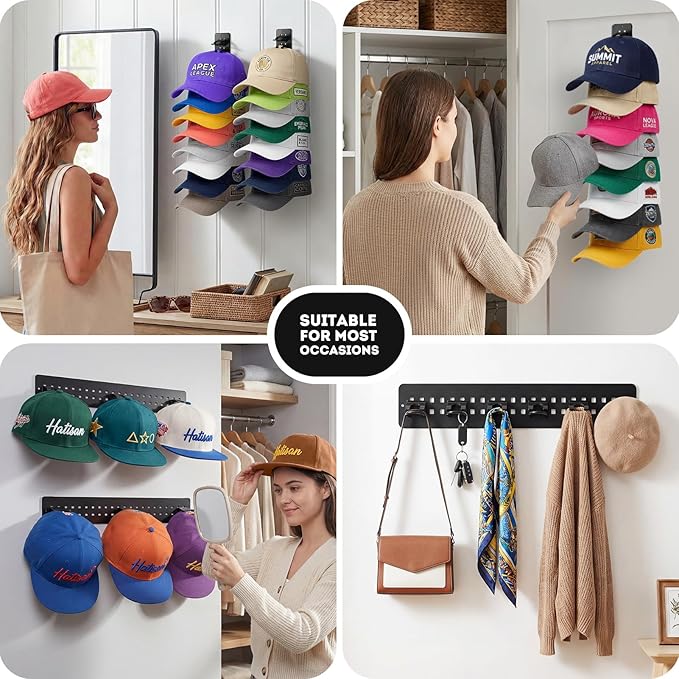 2 Pack Hat Organizer for Baseball Caps, Detachable DIY Hat Rack for Wall Hat Holder Hold up to 22 Hats, Baseball Cap Organizer Cap Holder Hat Hangers for Wall Closet Door Bedroom (C-Black)
