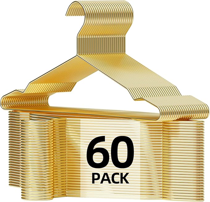 Metal Wire Clothes Hangers Bulk 60 Pack with Notches for Standard Size Coats, Shirts, Suits, Camisole, Dresses, Sturdy, Heavy-Duty, Space-Saving, Gold