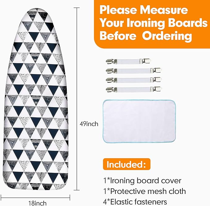 Ironing Board Cover and Pad, 18x49 Extra Wide Thick Iron Padding, Scorch & Stain Resistant Ironing Board Cover, Heavy Duty Iron Board Padded with Adjustable Fasteners, Geometric Triangles