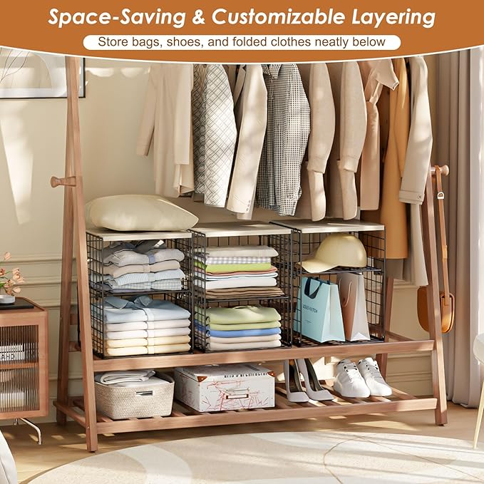 6-Tier Stackable Closet Organizers and Storage Basket, Set of 3 Closet Shelf Organizer with Adjustable Divider & Wood Top Board, Clothes Storage Bins for Wardrobe Organizer System, Space-Saving, Black