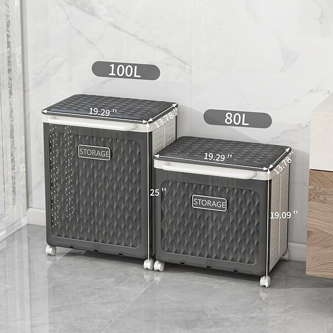 Laundry Hamper with Wheels and Lid, Foldable Clothes Basket for Small Spaces, Rolling Laundry Bin for Laundry Bathroom Bedroom Gym Room
