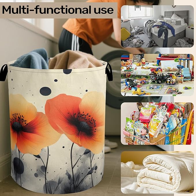 Orange Flowers Laundry Basket - Heavy Duty 60L Dirty Clothes Basket, Water Resistant Foldable Hamper for Men Women, Storage Basket for Bedroom, Bathroom, Nursery