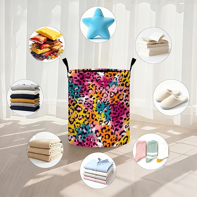 Leopard Print Laundry Basket Storage Bin Foldable Laundry Hamper Clothes Storage Bucket Organizer 19.6x15.7 Inch For Laundry Room/Bedroom/Bathroom