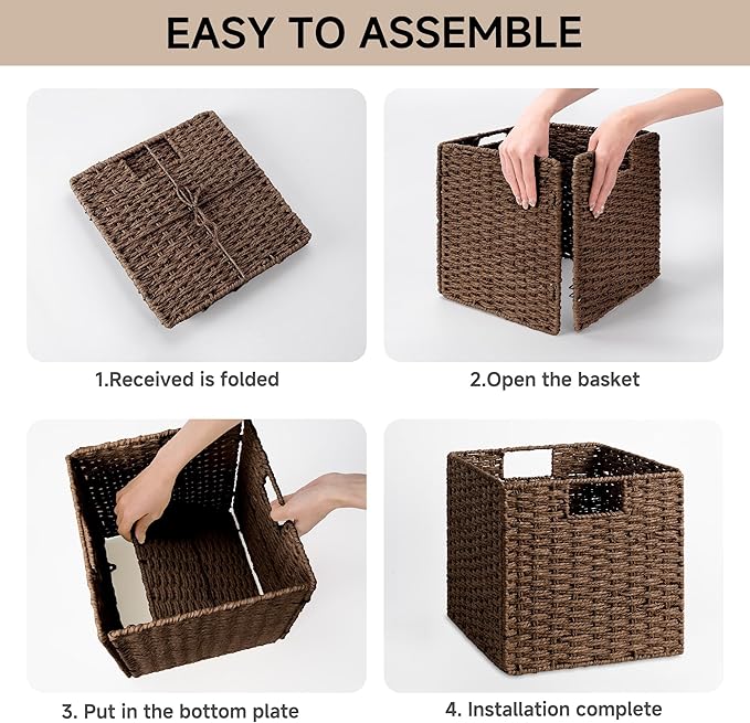 StorageWorks 11 inch Wicker Storage Cubes, Handwoven Cube Storage Bin, Square Cubes Basket, Foldable Paper Rope Basket for Organizing, Brown, 2 Pack