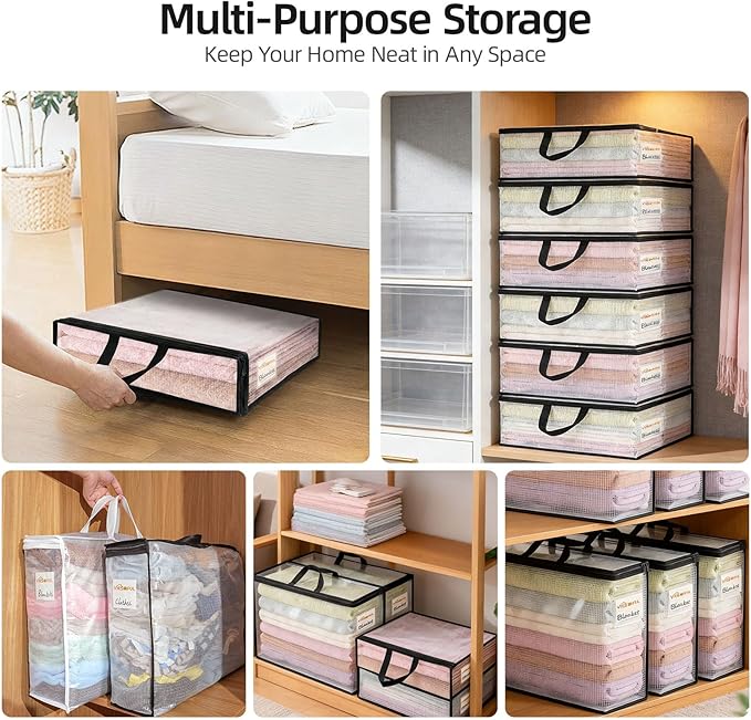 Vieshful 12 Pack Clear Storage Bags for Clothes, 17.7" × 14.96" × 5.1" Clear PVC Mesh Clothing Organizers with Zipper for Blankets, Clothes, Bedding, Sweater, Toys & Closet Storage, 22L Black