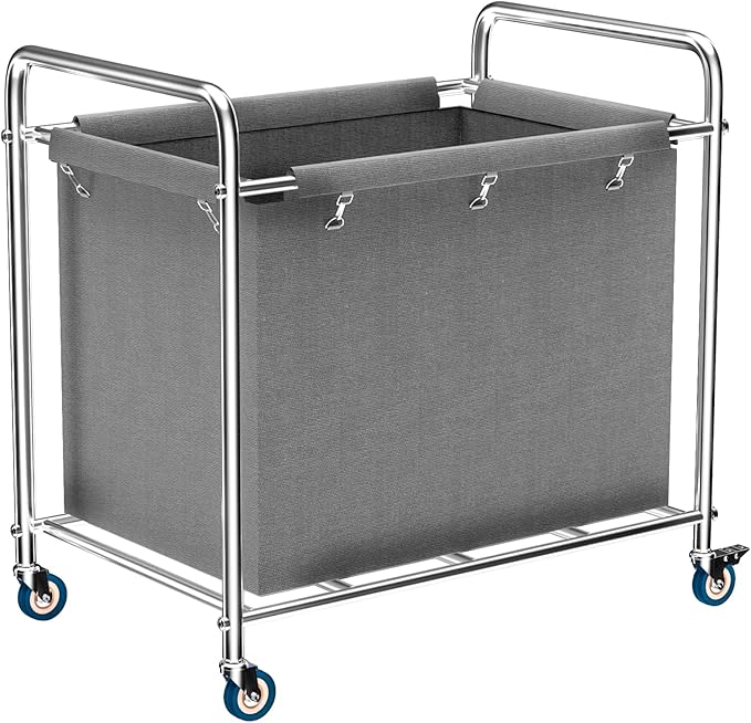 Commercial Laundry Cart with Wheels, 440 lbs Heavy Duty Industrial Laundry Cart with Sturdy Frame and Oxford Bag for Home Hotel Hospital, Rolling Laundry Cart for Home & Hotel, 400L(Grey)