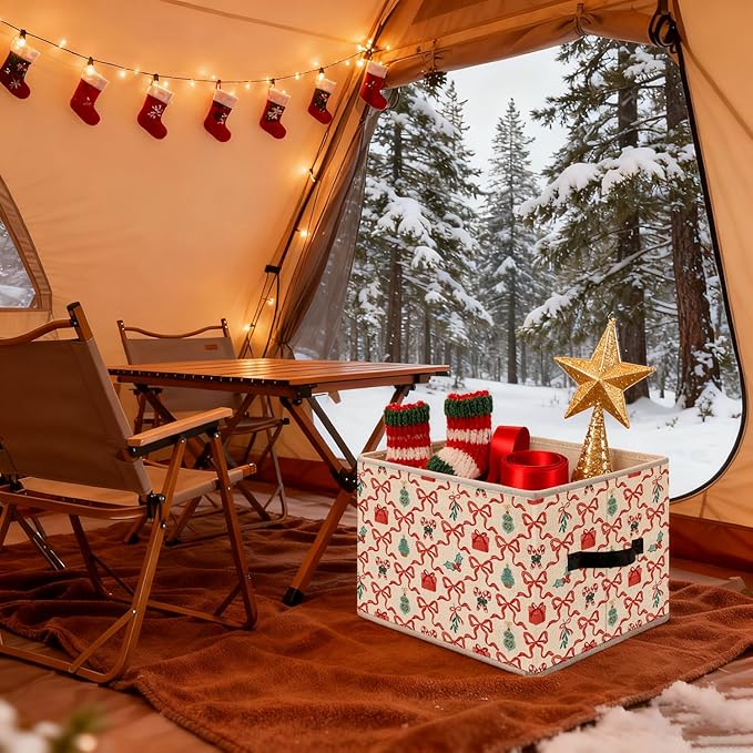 Coquette Red Bow Christmas Storage Bins, Preppy Girly Red and Green Christmas Tree Candy Canes Holiday Foldable Closet Organizers Storage Basket Toybox for Clothes Bed Sheets Blankets Toys