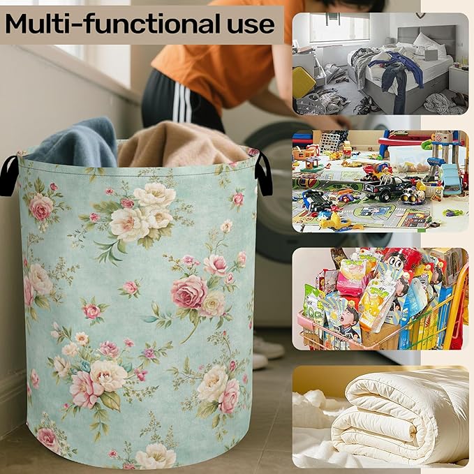 Vintage Rose Laundry Basket - Heavy Duty 60L Dirty Clothes Organizer, Water Resistant Foldable Hamper for Women