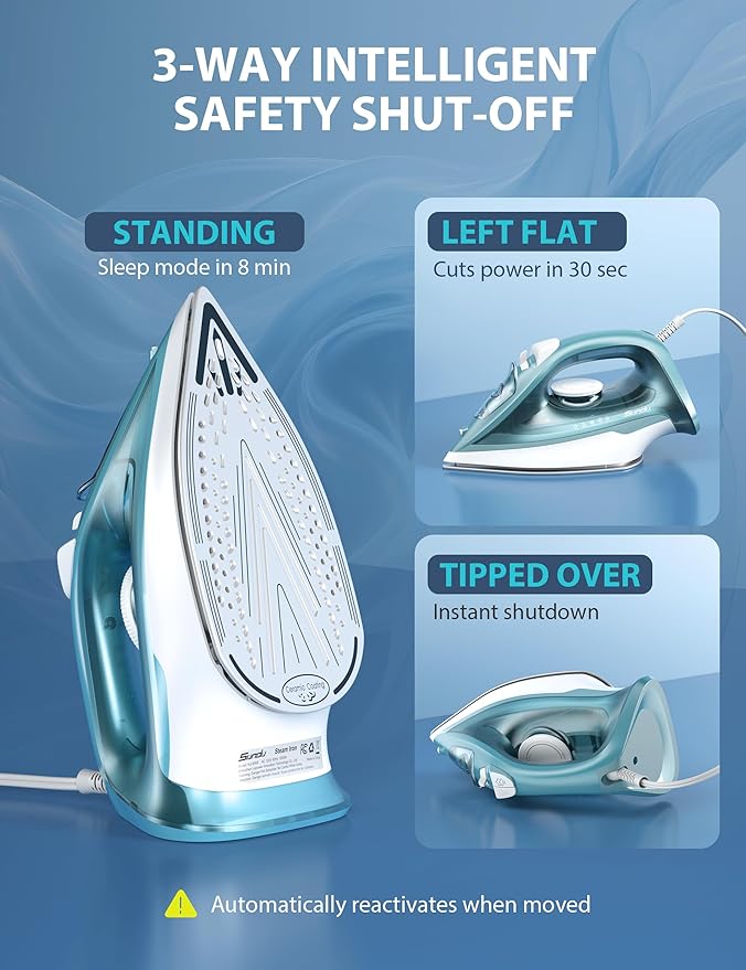 Sundu 1500W Self-Cleaning Iron for Clothes with Auto Shut-Off, Ceramic Coated Soleplate and 12oz Water Tank, Burst Steam for Fast Wrinkle Removal, Precise Thermostat, Green