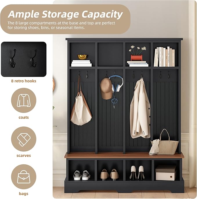 Farmhouse 59" Wide Hall Tree with 8 Hanging Hooks, Wood Grain Bench with Open Compartments, 76.7" H Entryway Shoe Rack Coat Hanger for Living Room Mudroom Hallway (Black-8.26)