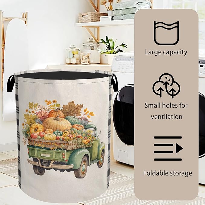 Fall Pumpkin Truck Large Clothes Hamper Bag - Laundry Basket with Handles, Space Saving Foldable Design for Nursery
