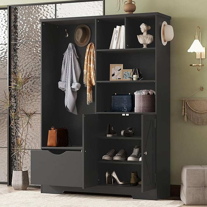 Modern Wood Entryway Hall Tree with Storage Shelves Drawers and Cabinet, Multi-functional Coat Rack Shoe Cabinet with Hooks and Bench for Entrance Entryways (Black-K27)