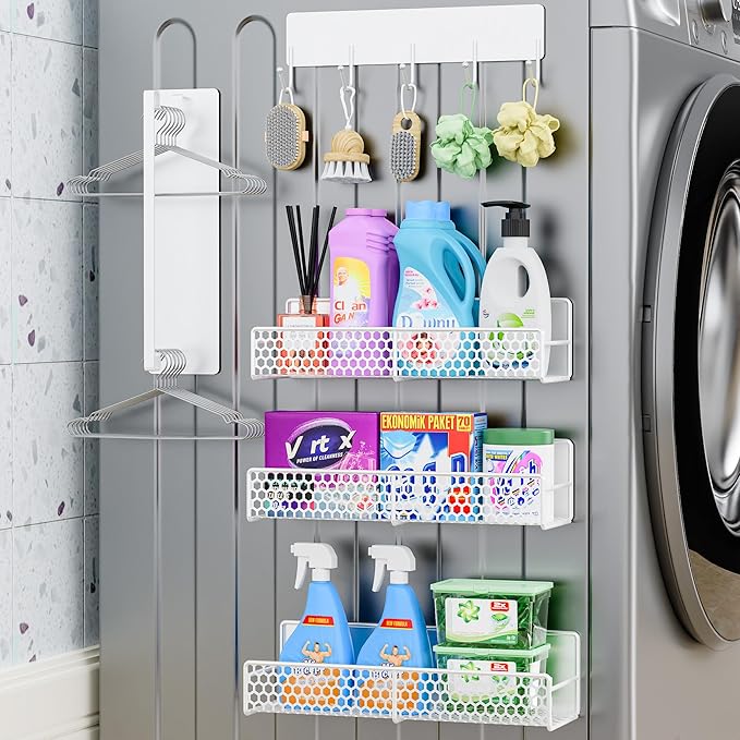 5 Pack Multifunctional Magnetic Shelves for Washing Machine & Refrigerator - Heavy Duty Laundry Room Organization System with Tool Hooks, Metal Storage Baskets (White)