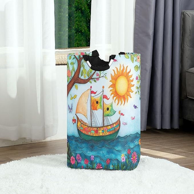 xigua Sun and Ship Large Laundry Hamper with Handle, Foldable Clothes Hamper Collapsible Storage Basket for Toys and Clothes Organization in Bedroom, Bathroom, and Laundry Room