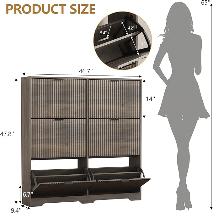 Shoe Cabinet Storage for Entryway with 6 Flip Drawers, Grey Fluted Shoe Cabinet with Adjustable Shelves, Wooden Hidden Shoe Rack Freestanding Narrow Slim Shoes Storage for Hallway, Entrance