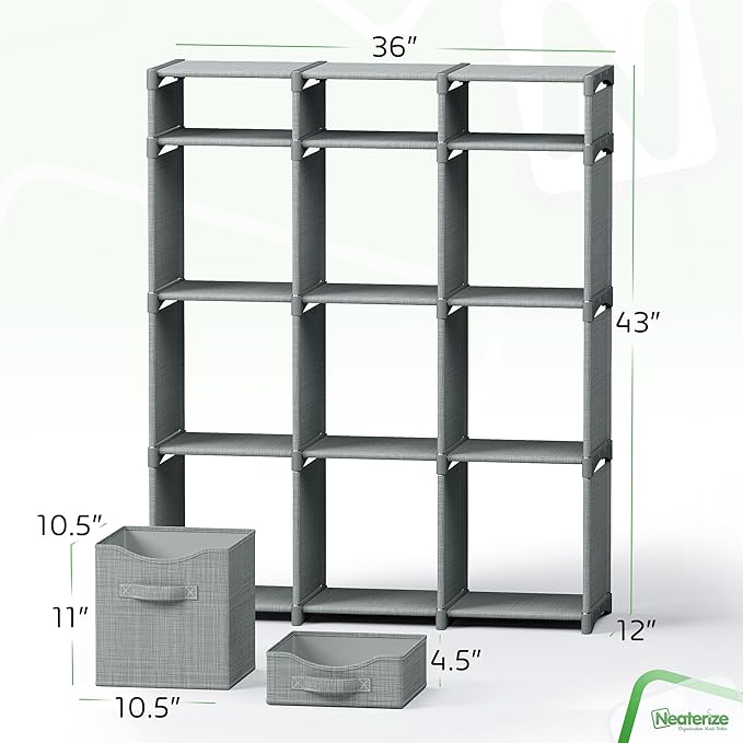 12 Cube Storage Organizer With Bins Included - Closet Storage With 12 Storage Bins - Easy To Assemble Storage Unit With Drawers - Closet Organization For Clothes, Bedroom, Nursery, & Toys (Grey)