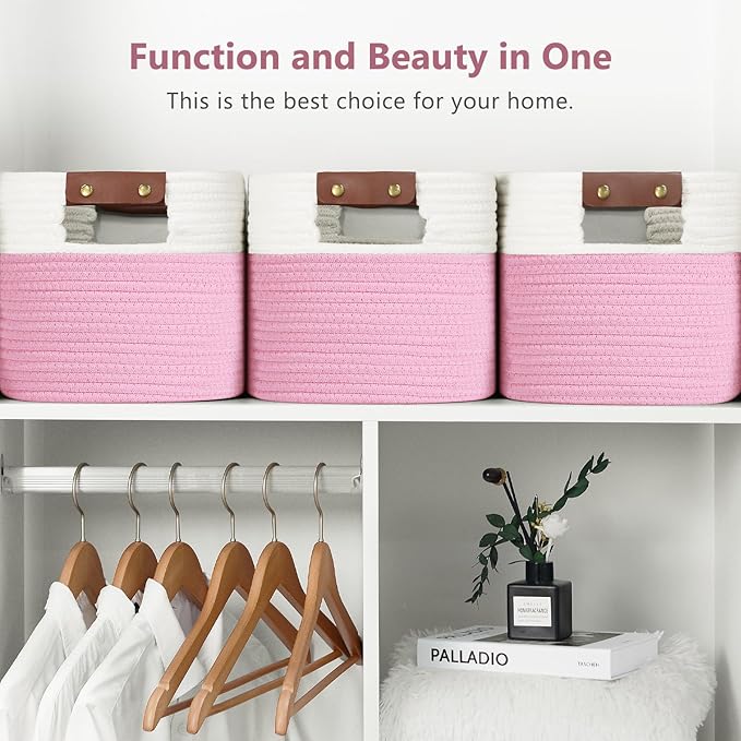 Cotton Rope Basket, Storage Baskets with Handle, 15x10x9 Inch Woven Basket for Shelves, Laundry, Towels, Clothes, Books (White/Pink 1Pack)