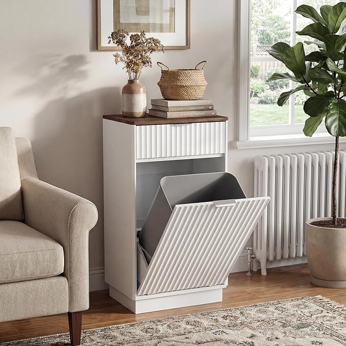Tilt-Out Trash Cabinet, White Laundry Hamper Cabinet with Black Top, 34.3 x 19 x 13.8 inches, 10 Gallon Capacity, Wave-Textured Front, Storage Drawer.