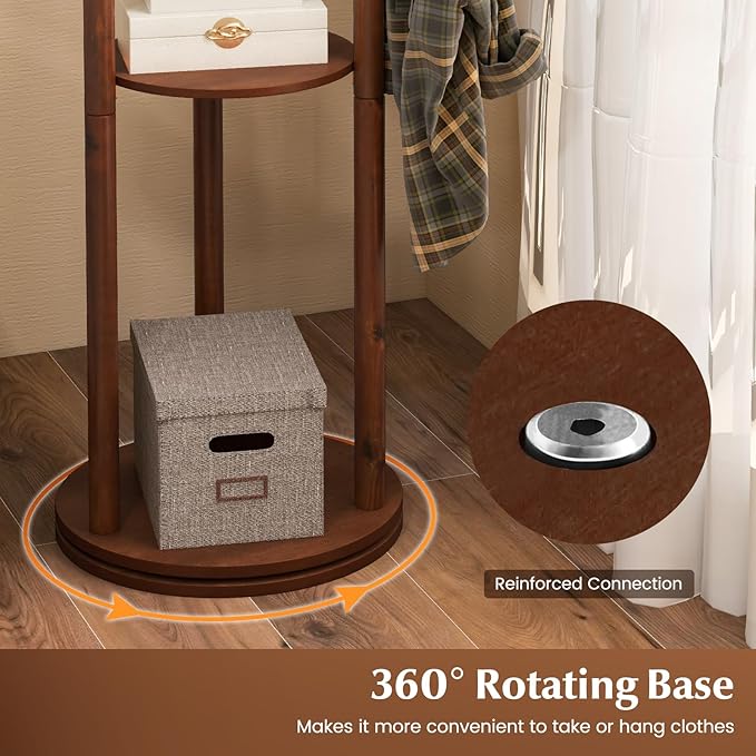 Tangkula Coat Rack Freestanding, Rotary Wooden Coat Tree with 3 Display Storage Shelves & 9 Hooks for Coats, Scarves, Hats & Bags, 66 Inches Coat Hanger Stand for Entryway, Bedroom, Office (Walnut)