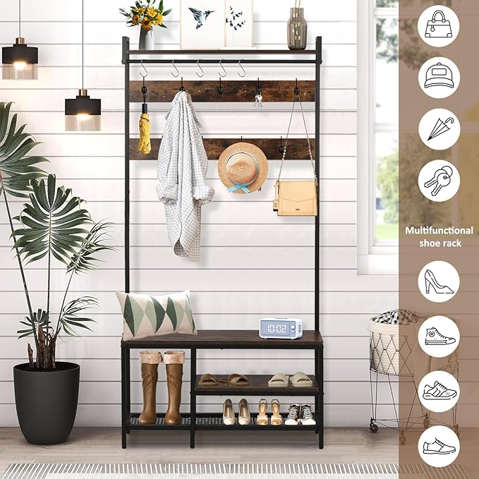Corner Coat Rack, Corner Hall Tree with Bench and Shoe Storage, Industrial coat rack with storage and 14 Hooks for Entryway Hallway Bedroom (Hall Tree Entryway)
