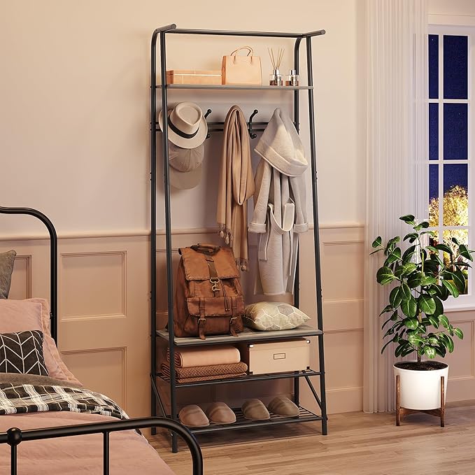 Coat Rack Shoe Bench with Single-Row 5 Hooks 60cm Width, 3-Tier Shelf Entryway Hall Tree with Storage, Metal Frame Multifunctional Organizer, 4-in-1 Coat Rack for Bathroom, Hallway.Grey.