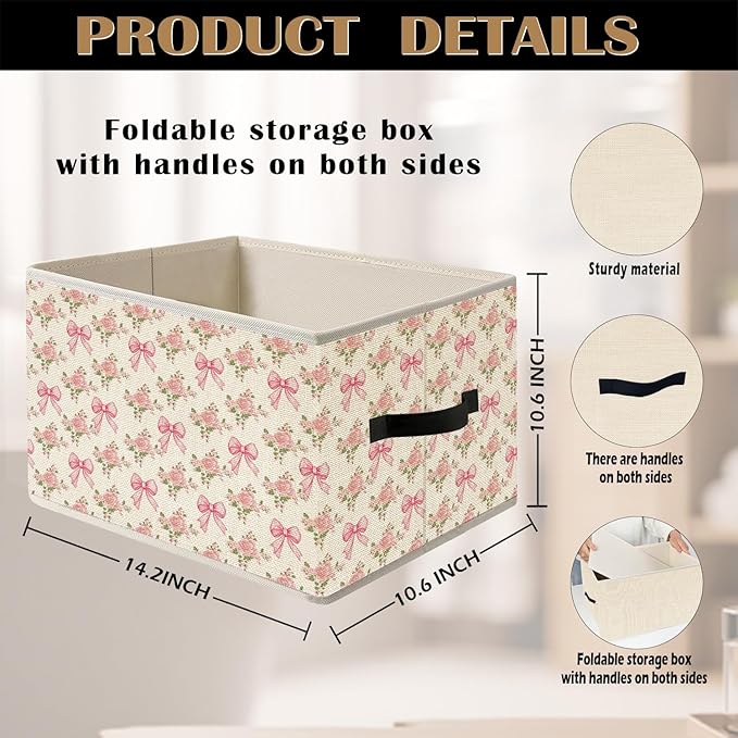 Coquette Pink Bow Rose Floral Storage Bin Box with Handles, Vintage Shabby Chic Cottagecore Pink Flower Foldable Organizer Basket Toybox for Girls Bedroom Bathroom Clothes Toys Books