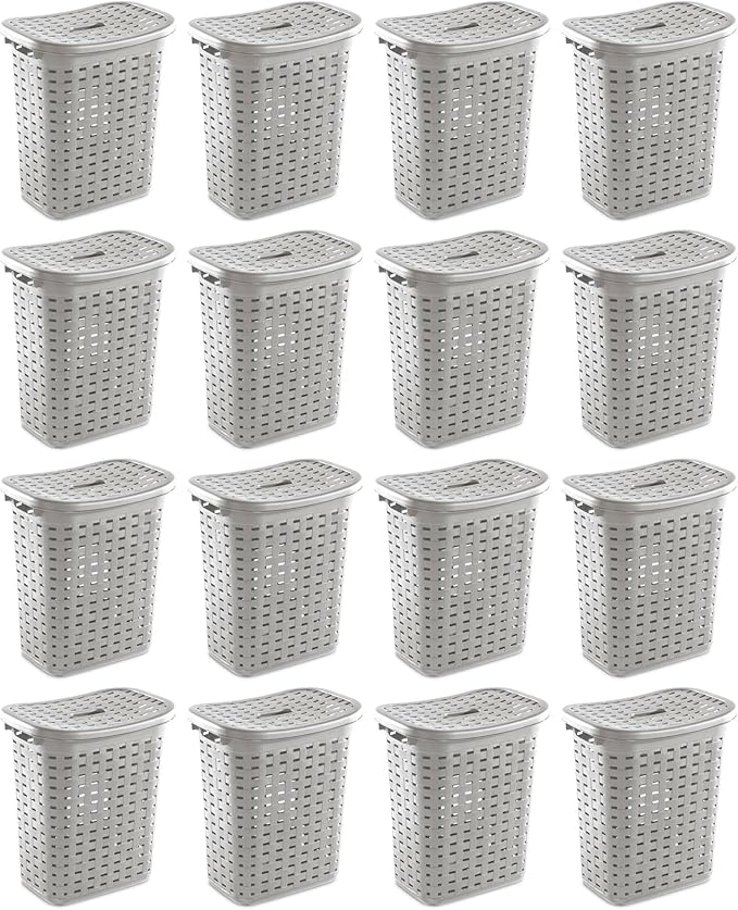 Sterilite Plastic Wicker Style Weave Laundry Hamper, Portable Slim Clothes Storage Basket Bin with Lid and Handles, Cement Gray, 16-Pack
