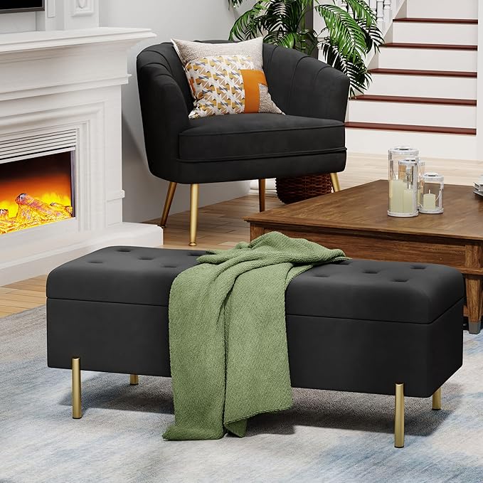 Andeworld Velvet Storage Bench, Modern Bedroom Bench, Upholstered Tufted Large Settee Ottoman with Storage Bench for Bedroom,Living Room,Entryway,Black