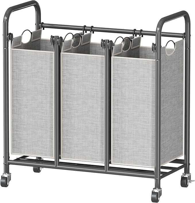 HOMEIJU 3-Bag Laundry Sorter, Laundry Hamper Cart with Heavy Duty Rolling Lockable Wheels and Removable Bags, Laundry Organizer Basket Clothes Separator Hamper, Grey