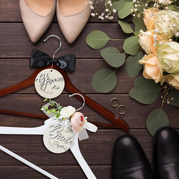 2 Pack Wedding Hanger Gift Bride Groom Bridal Hanger with Tags for Wedding Dress(Pink)