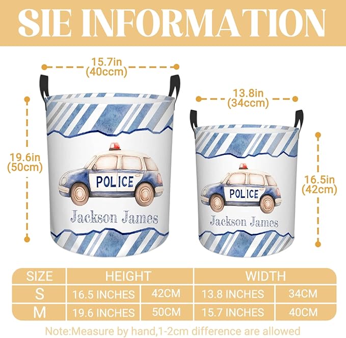 Personalized Police Car Laundry Basket, Custom Laundry Hamper With Name Gifts For Kids Baby Adults, Collapsible Dirty Clothes Storage Organizer With Handles S 16.5 X 13.8in