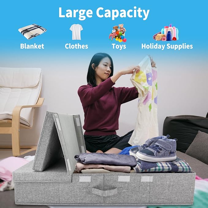 2 Pack 48L Under Bed Storage Containers, 6 Inches Tall Foldable Underbed Clothes Storage with Lids&3 Handles, 31.5 x 15.7 x 6 inches Low Profile Stackable Bins Box for Bedroom Blankets Clothes Shoes