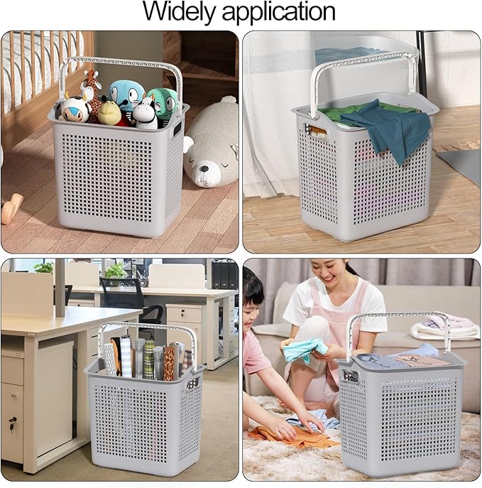 42 L Plastic Dirty Clothes Hampers with Handles, Plastic Laundry Baskets, Gray, 4 Packs