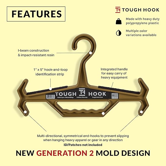 Original Tough Hook ID MAX Heavy Duty Identification Hanger, USA Made 200lb Capacity -Police Tactical Gear,Scuba BCD, Wetsuit & Body Armor Organizer with Anti-Slip Design with 3 ID Strips,1 Pack Tan
