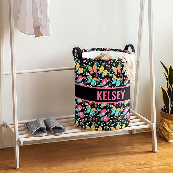Large Custom Name Laundry Hamper, Butterfly Personalized Dirty Clothes Hamper Storage Basket with Name for Bathroom Bedrooms, Customized Name Circular Hamper with Handles for Baby Boys Girls Men Women