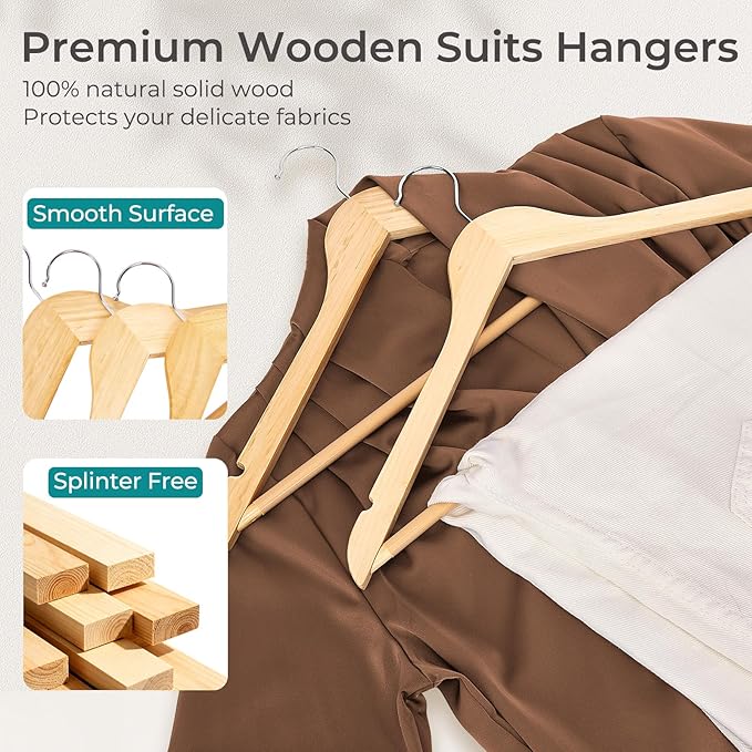 HOUSE DAY Premium Wooden Coat Hangers 20 Pack, Heavy Duty Solid Wood Clothes Hangers with 360° Swivel Hook & Pant Bar for Jackets, Dress, Shirts, Natural Wood Suit Hanger for Closet Organizer