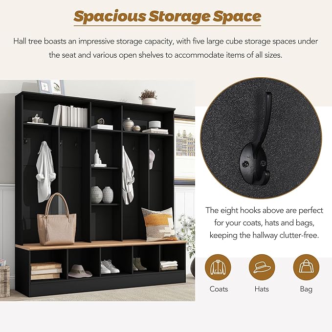 4-in-1 Wide Design Hall Tree with Storage Bench, Minimalist Shoe Cabinet with Cube Storage & Shelves, Multifunctional Coat Rack with 8 Hooks for Entryways Mudroom