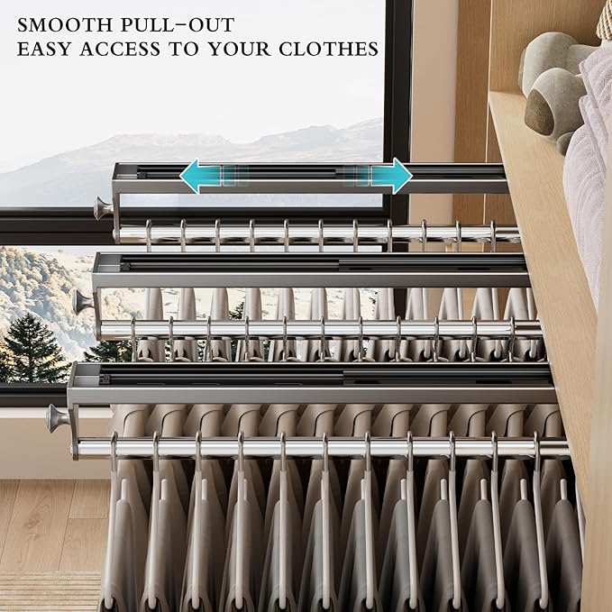 Pull Out Closet Rod, 15.7inch Heavy Duty Pants Rack, Adjustable Clothes Hanger Rail, Space Aluminum Valet Rod, Top Mounted Wardrobe Clothes Organizer, Closet Storage for Trousers Coats Gray
