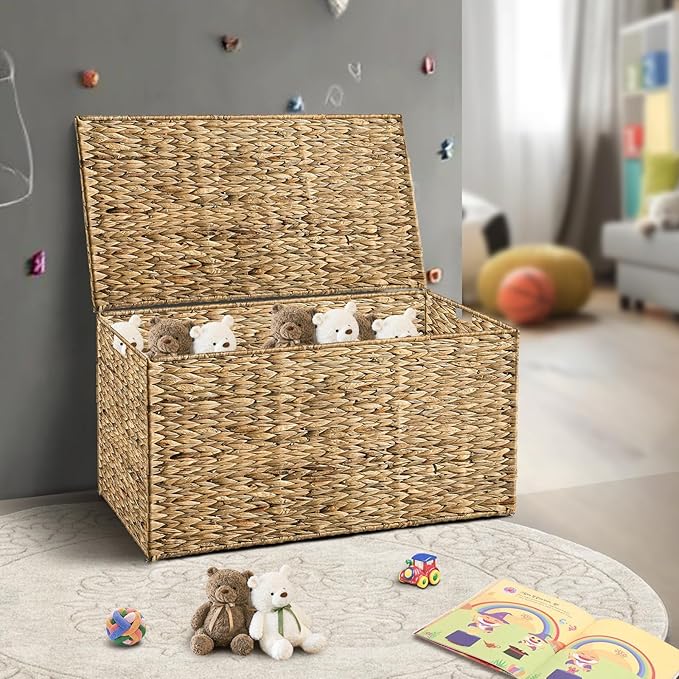 Water Hyacinth Storage Basket with Lid, 52.8 Gallon (200L) Wicker Storage Trunk with Handles, Handwoven Large Wicker Storage Basket for Blanket, Foldable, for Living Room, Bedroom, Natural