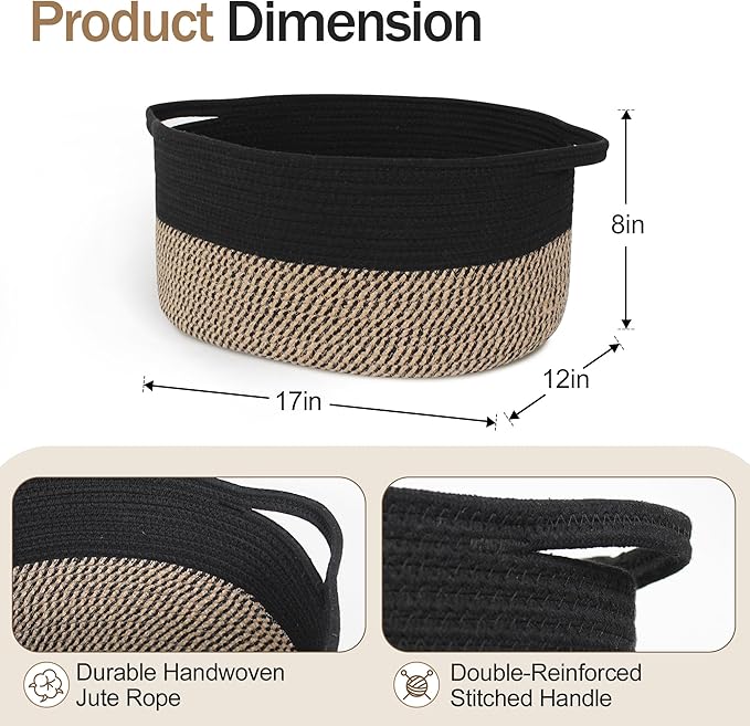 Woven Basket for Storage, 17"x12"x8" Black Cotton Rope Spliced Jute Wicker Basket for Toy, Book, Towel, Cloth, Shoe, Decorative Wicker Storage Bin for Shelves, Closet, Bathroom, Living Room