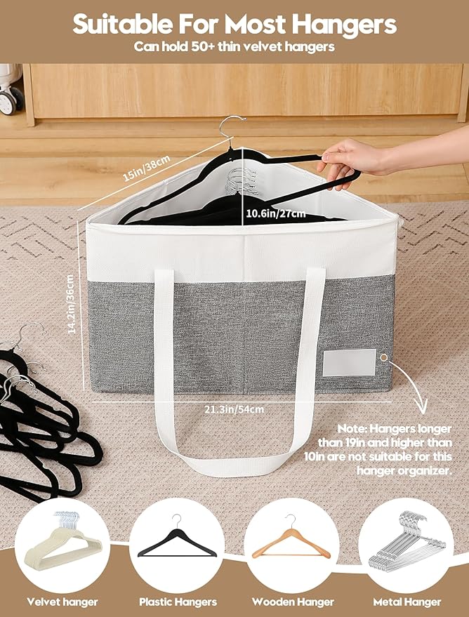 Beveetio 2-Pack Rigid Hanger Organizer Bags with Lid, Triangle Hanger Storage Organizers for Closet, Laundry Room, Wardrobe, Drying Rack, Dustproof Space Saving Holder, Grey & White