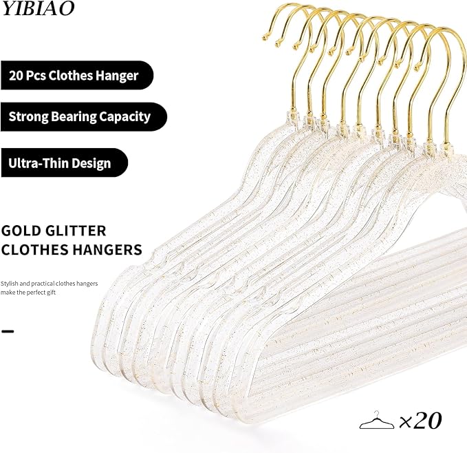 20 Pcs Gold Glitter Sparkle Hangers, Ultra-Thin Acrylic Glitter Hangers for Dresses and Suits - Non-Slip Space-Saving Clothes Hangers (Gold)