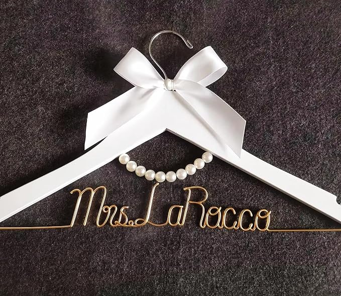 Personalized Wedding Dress Hanger with Pearl Detail, Custom Name Wire Hanger, Wooden Bridal Party Gift
