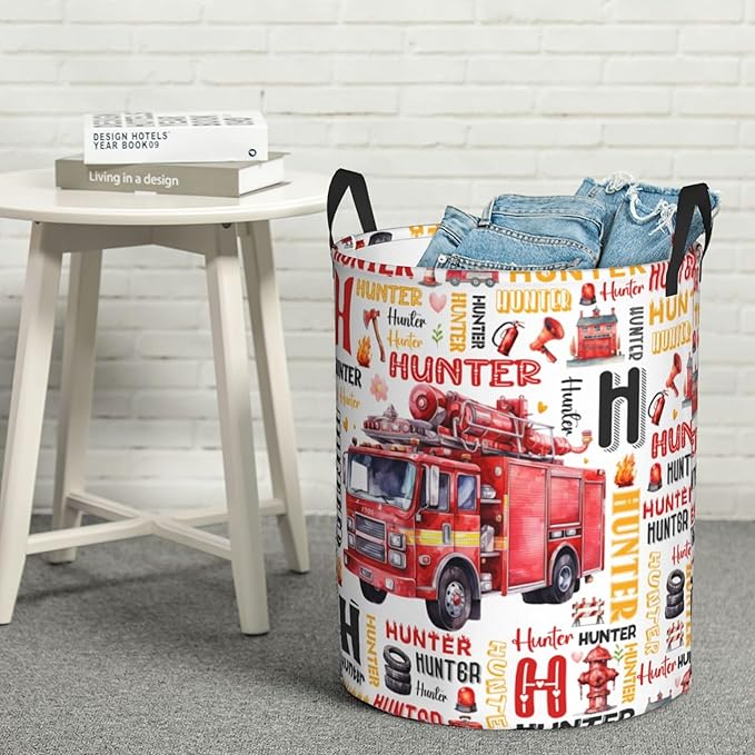 Personalized Fire Truck Laundry Basket For Baby Kids Boys Girls Adult Custom Hamper Basket With Name For Bathroom Bedrooms Collapsible Baby Laundry Basket, Dirty Clothes Hamper With Handles