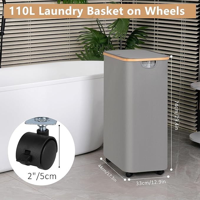 Laundry 110L Hamper with Wheels,Clothes Hamper for Laundry,Laundry Basket with Lid and Inner Bag, for Laundry Room, Bedroom, Dormitory Storage,Grey