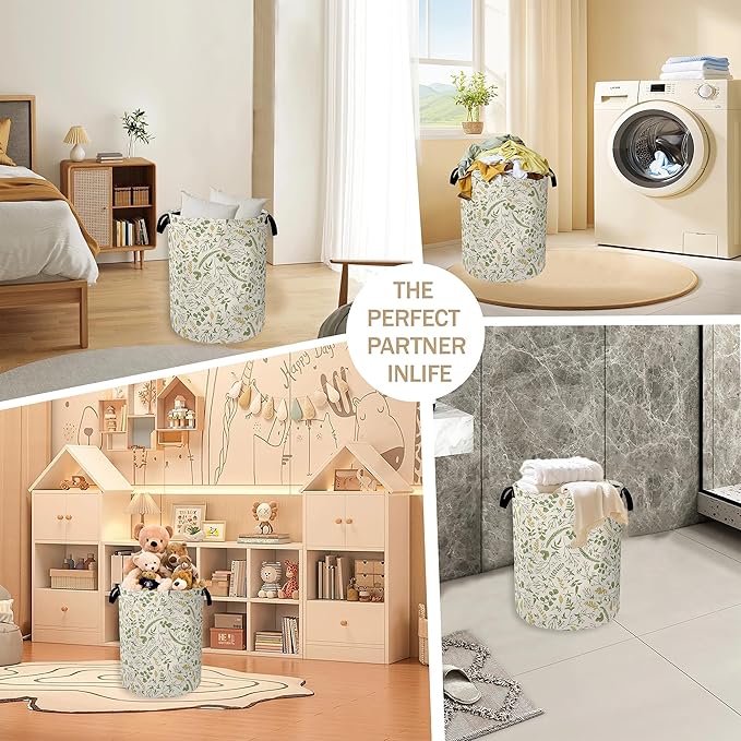 Green Herb Leaves Laundry Hamper,Rustic Wildflower Collapsible Laundry Baskets,Waterproof Oxford Cloth Laundry Room Organization for Bedroom,Bathroom,Nursery,16x20 Inch