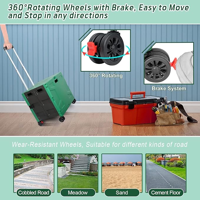 FELICON Folding Utility Cart Rolling Crate Handcart with Durable Heavy Duty Plastic Telescoping Handle Collapsible Hidden Lid 4 Rotate Wheels for Travel Shop Move Office Teacher Use(Dark Green&Black)