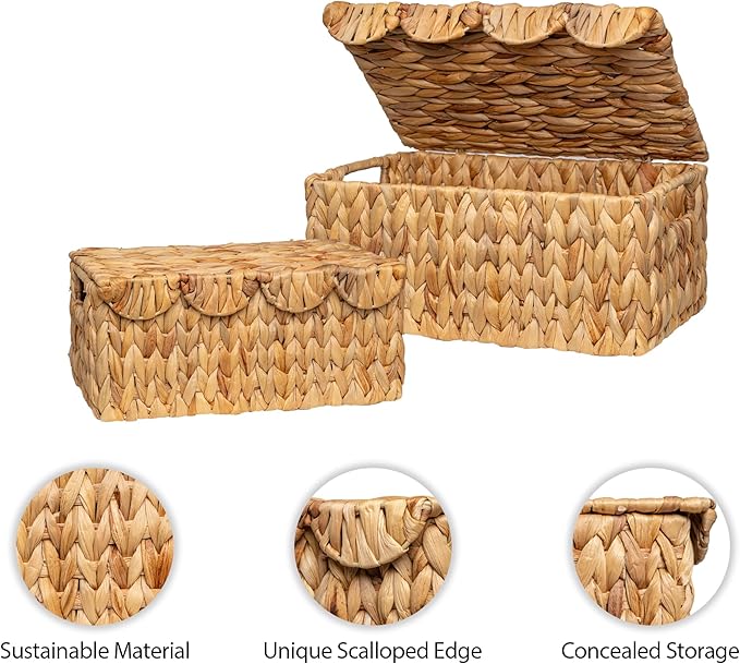 StorageWorks Wicker Basket with Scalloped Edge Lid, Water Hyacinth Basket with Built-in Handles, Handwoven Wicker Box for Living Room, 15" L x 11 ¼" W x 7" H