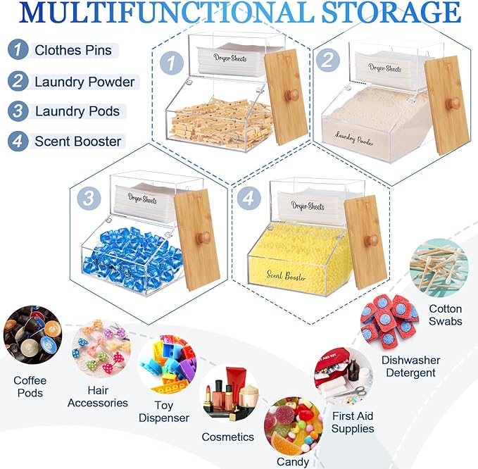 2 In 1 Laundry Pods Container & Dryer Sheet Holder, Acrylic Dryer Sheet Container with Bamboo Lid, Clear Dishwasher Pod Holder with Stickers for Laundry Room, Kitchen, Home