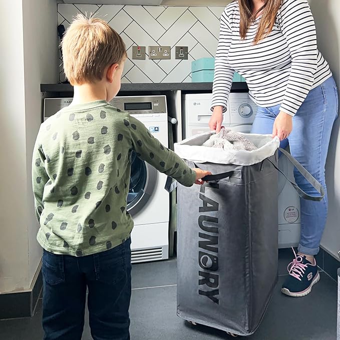 CHICVITA 2-Pack Hamper with Wheels, 75L Large Laundry Baskets with Removable Wash Bags, Foldable Laundry Baskets with Slim Design for Corner Dorms, Rolling Laundry Hamper on Wheels, Grey